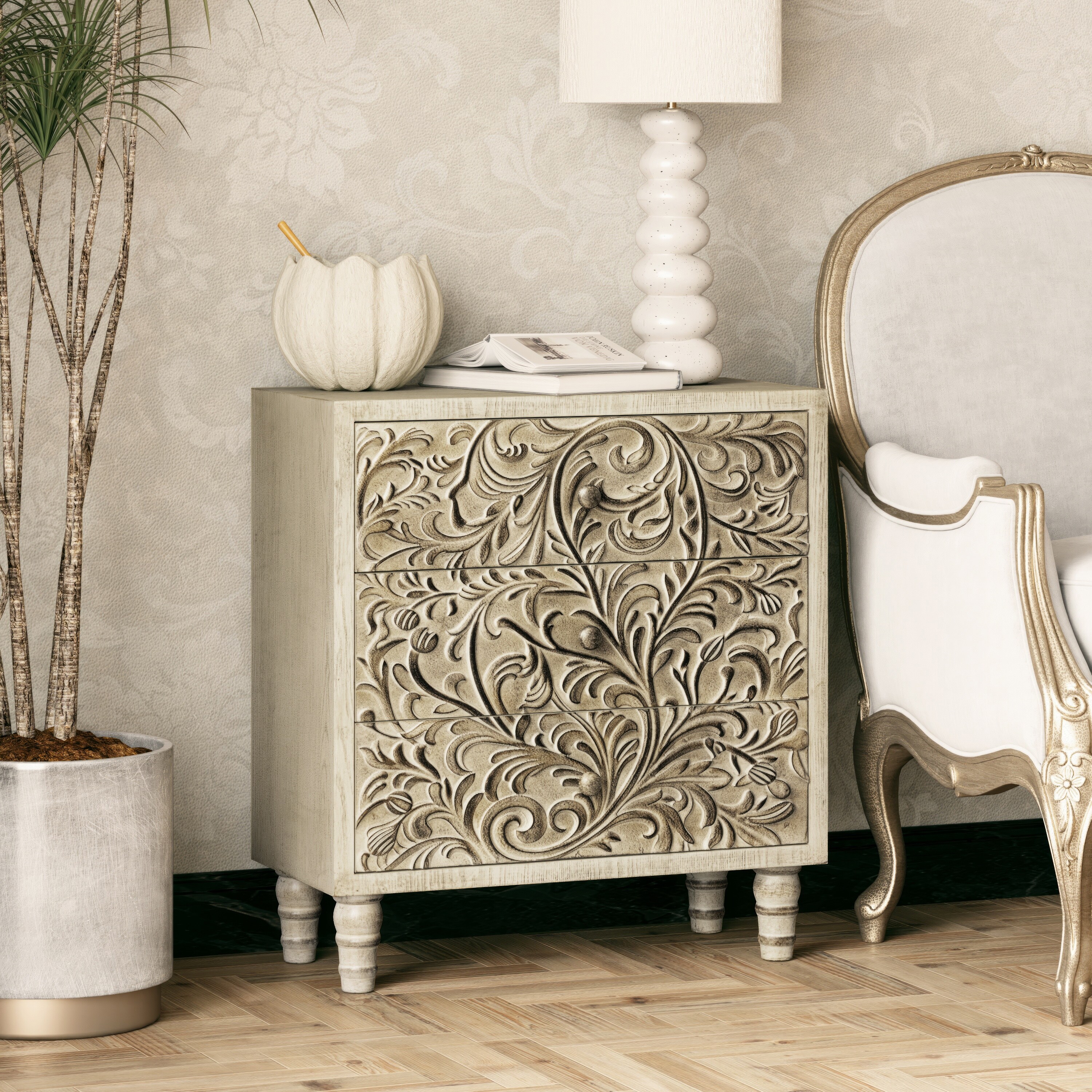 COZAYH 3 Drawer Farmhouse Nightstand with Embossed Weathered