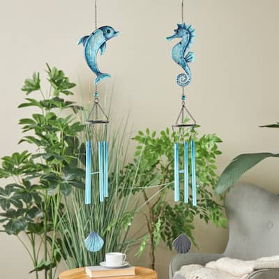 Blue Metal Dolphin and Seahorse Sea Life Windchime with Dangling Seashells (Set of 2)