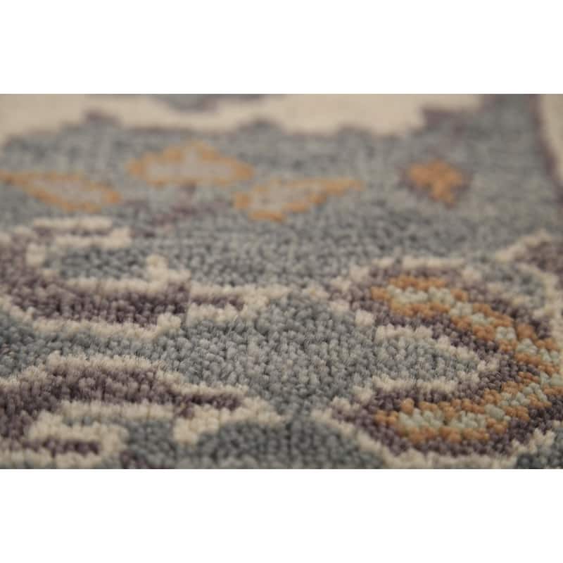 Light Blue Oushak Oriental Runner Rug Hand-Knotted Floral Wool Carpet - 2'7" x 9'11"