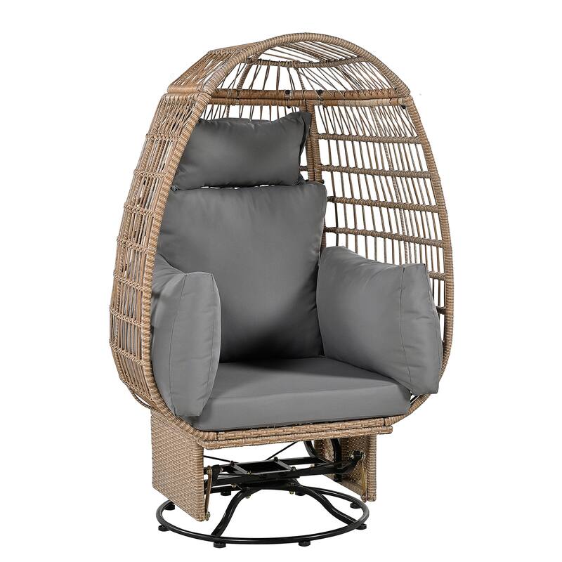 Outdoor Rattan Egg Swivel Chair with Cushions, Rattan Patio Rocking Chair