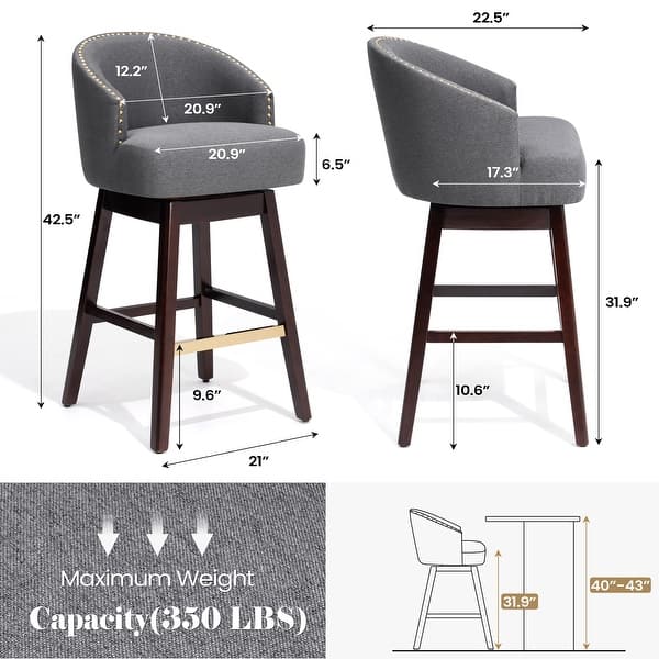 dimension image slide 3 of 10, Bar Stools PU Leather / Linen Fabric Upholstered Solid Wood Swivel Barstool Set of 2/4