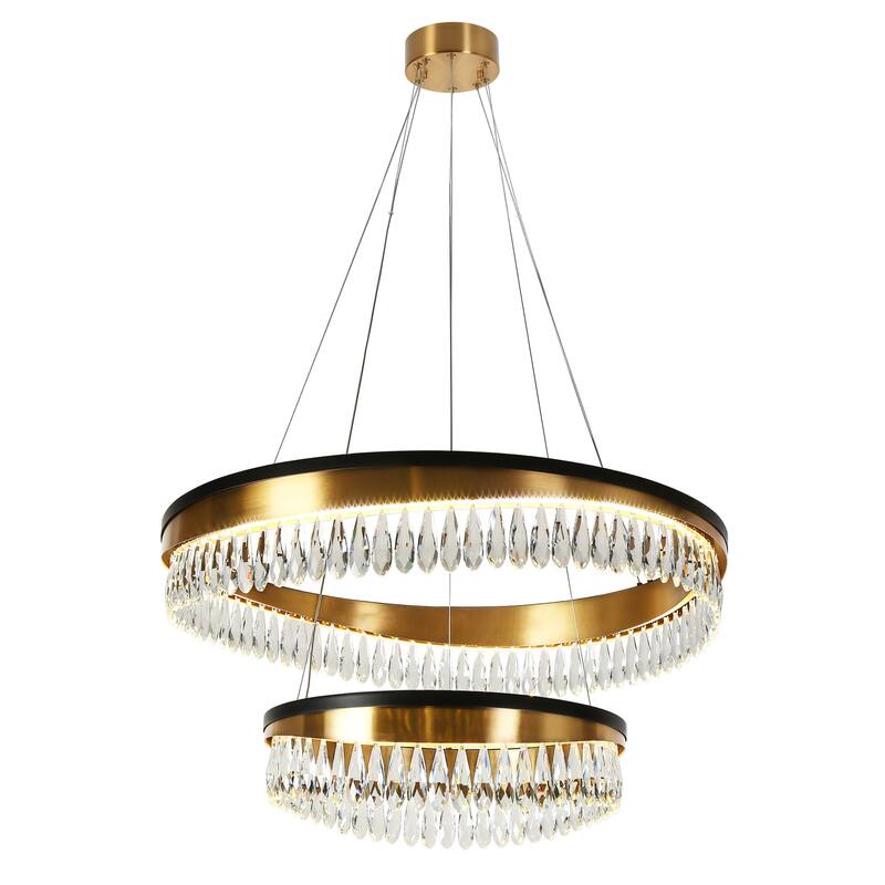 Modern Luxury 2-Tier LED Crystal Chandelier Black Gold Drum Light for Dining Living Room - D31.5" x H73" Max