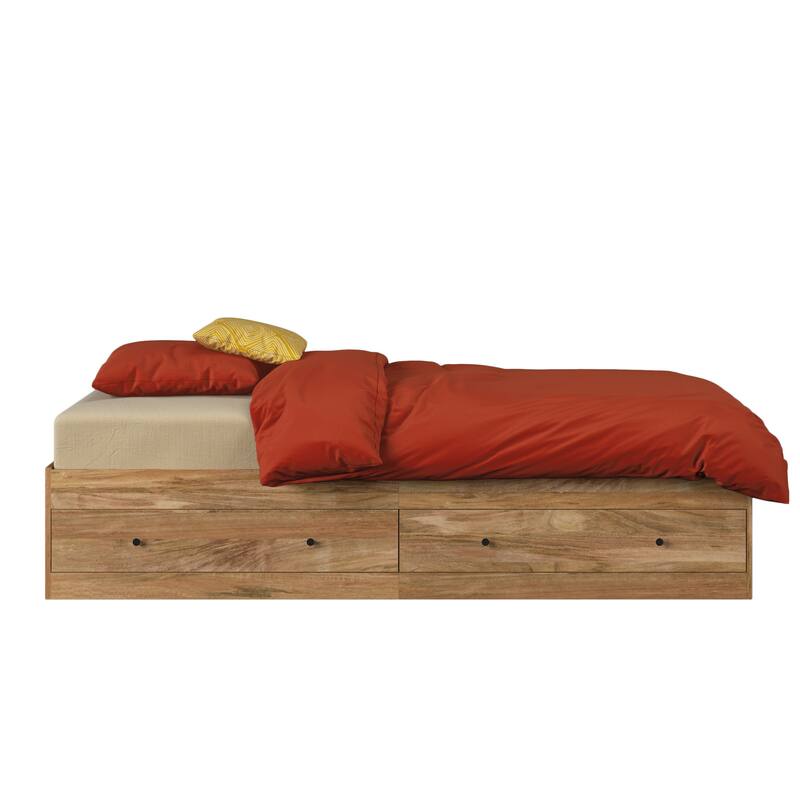 Twin Bed with Storage Drawers in Brown Finish - Space-Saving Platform Design