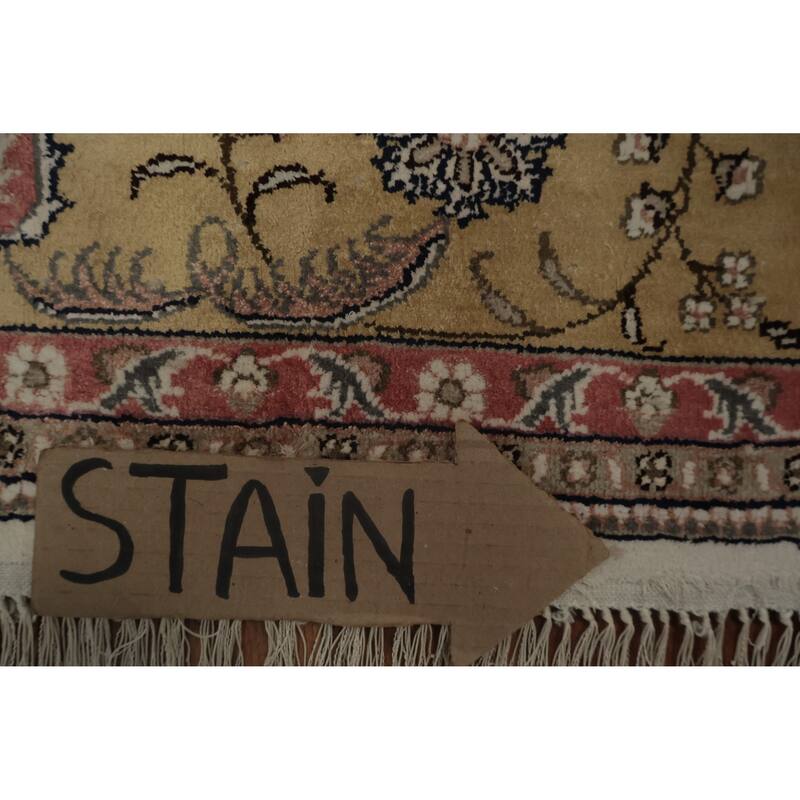 Hand Knotted Oriental Silk Carpet Traditional Floral Beige & Ivories Kashmir Area Rug - 8' 11'' X 6' 1''