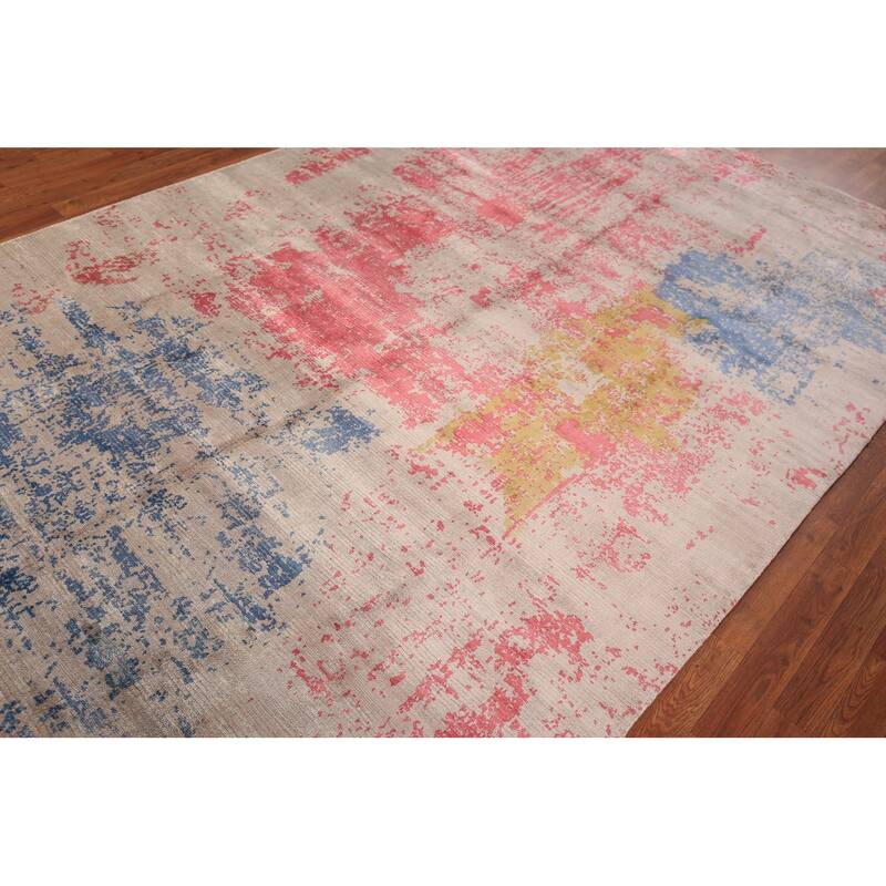 Contemporary Abstract Indian Area Rug Hand-Knotted Wool Carpet - 6'8" x 10'0"