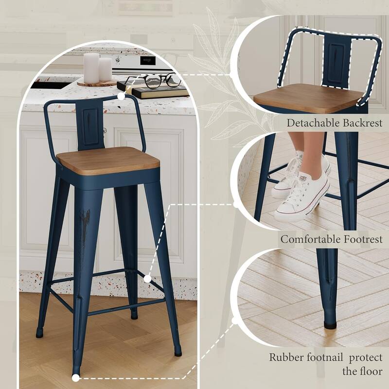 Industrial Style Bar & Counter Stools with Metal Frame Kitchen 26" and 30" Seat Height Stools with Low Back and Wooden Seat