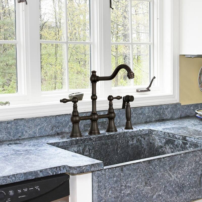 Two-Handles Bridge Kitchen Faucet with Side Sprayer 8-3/8 Inch High Arc