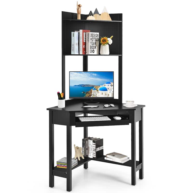 Corner Desk with Hutch Triangle Corner Computer Desk with Bookshelves - Black