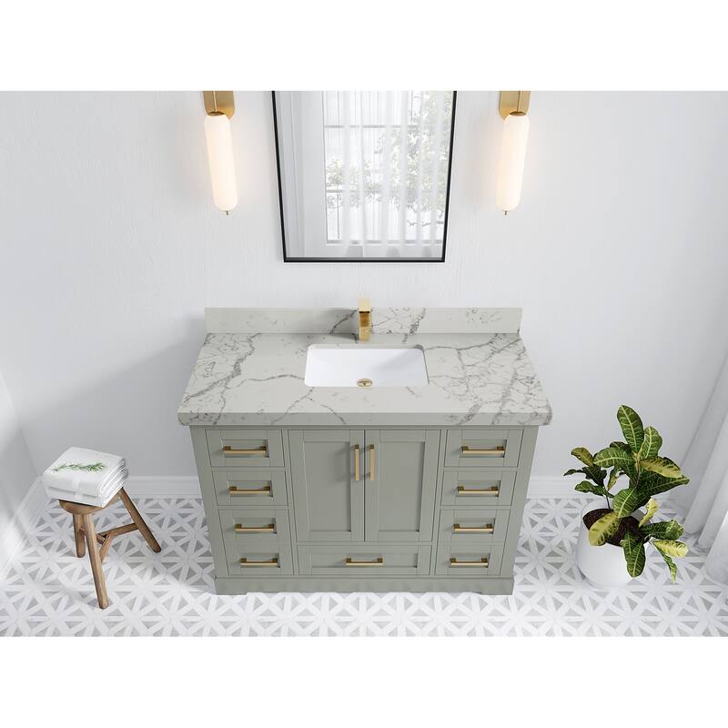 Willow Collection 48 in W x 22 in D x 36 in H Boston Single Bowl Sink Bathroom Vanity with Countertop - 2"Venatino Quartz - Evergreen