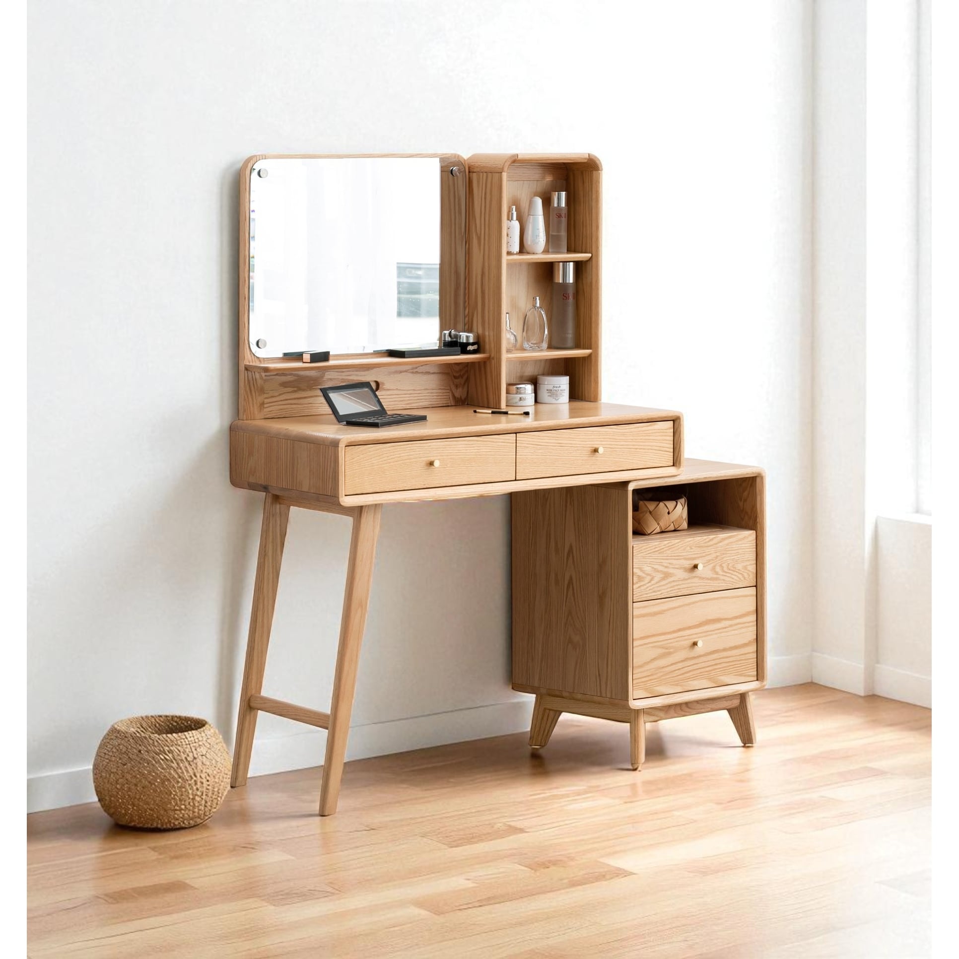 Solid Oak Dressing Table, 100% Natural Wood Vanity Desk with 4 Drawers, Compact Makeup Table for Bedroom or Living Room.