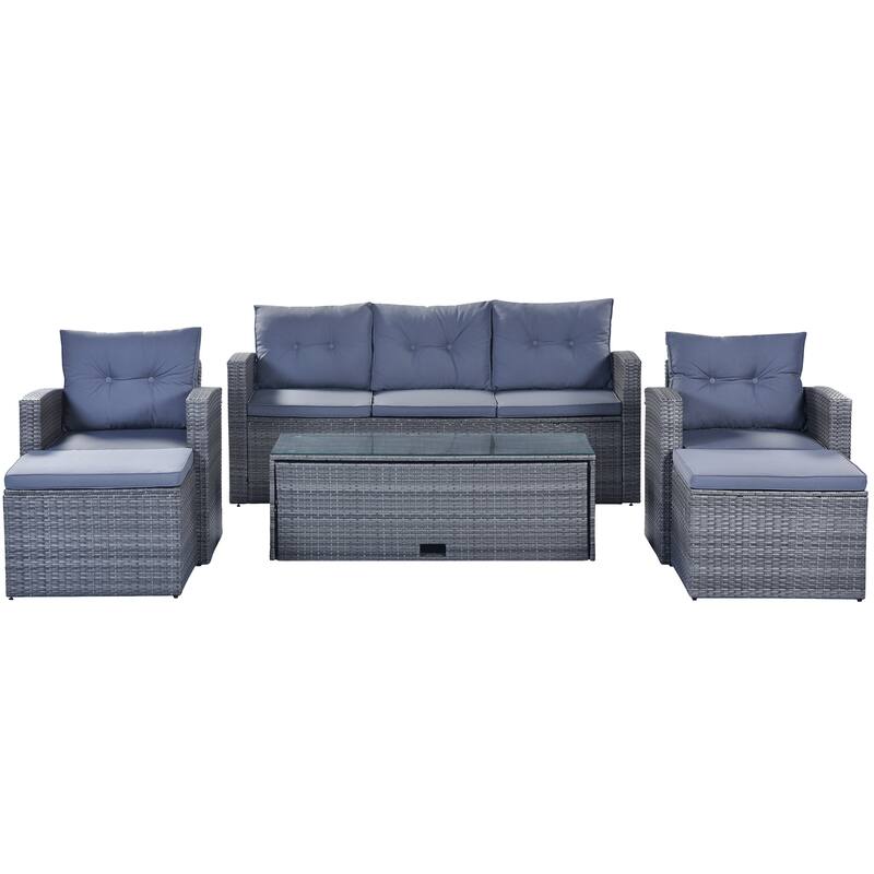 6-Pieces Outdoor Rattan Conversation Sofa Set with Coffee Table and 2 Ottoman