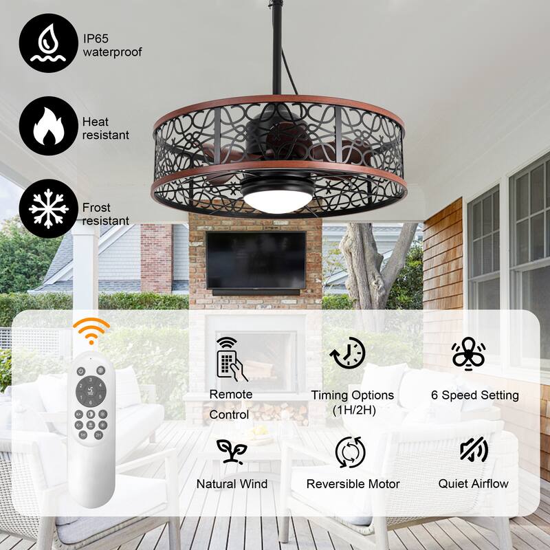 Bella Depot 24" Black Outdoor Ceiling Fan with LED Light and Remote 6-Speed for Patio Courtyard