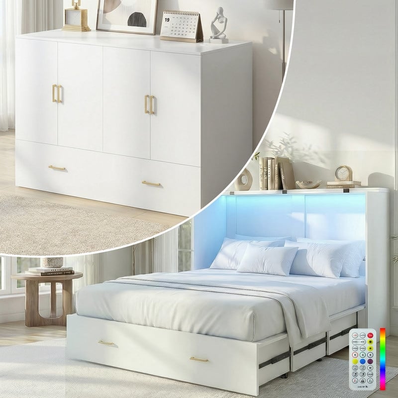 Mixoy Smart RGB LED Murphy Bed,Space-Saving Convertible Wall Bed with Storage,Mattress available for selection