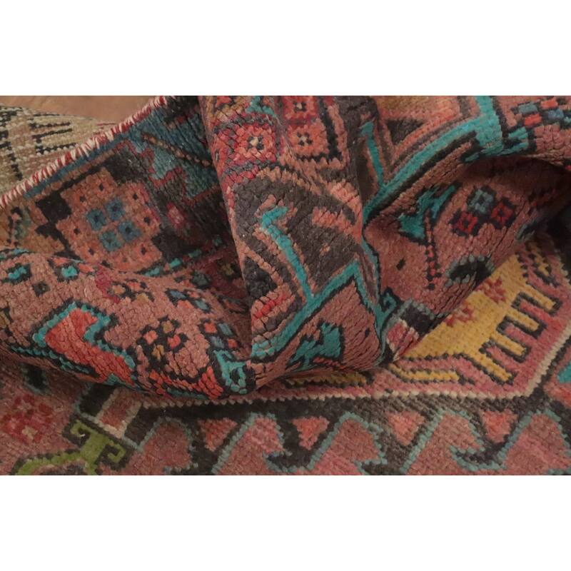 Hand Knotted Oriental 100% Wool Carpet Traditional Geometric Pink Heriz Runner Rug - 9' 5'' X 3' 0''