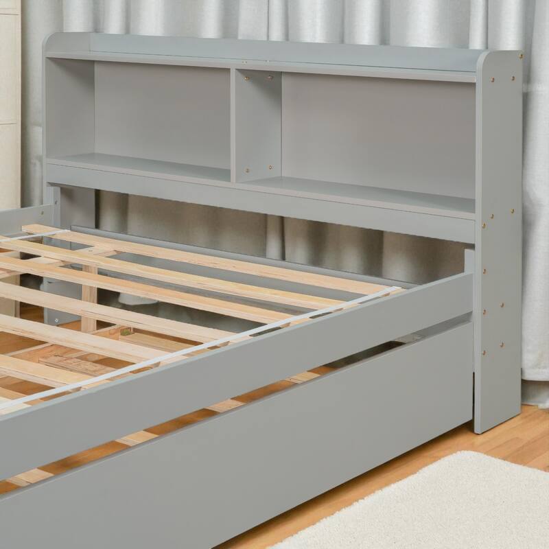Twin/Full Bed Frame with Pull-Out Trundle and Bookcase Headboard, No Box Spring Needed
