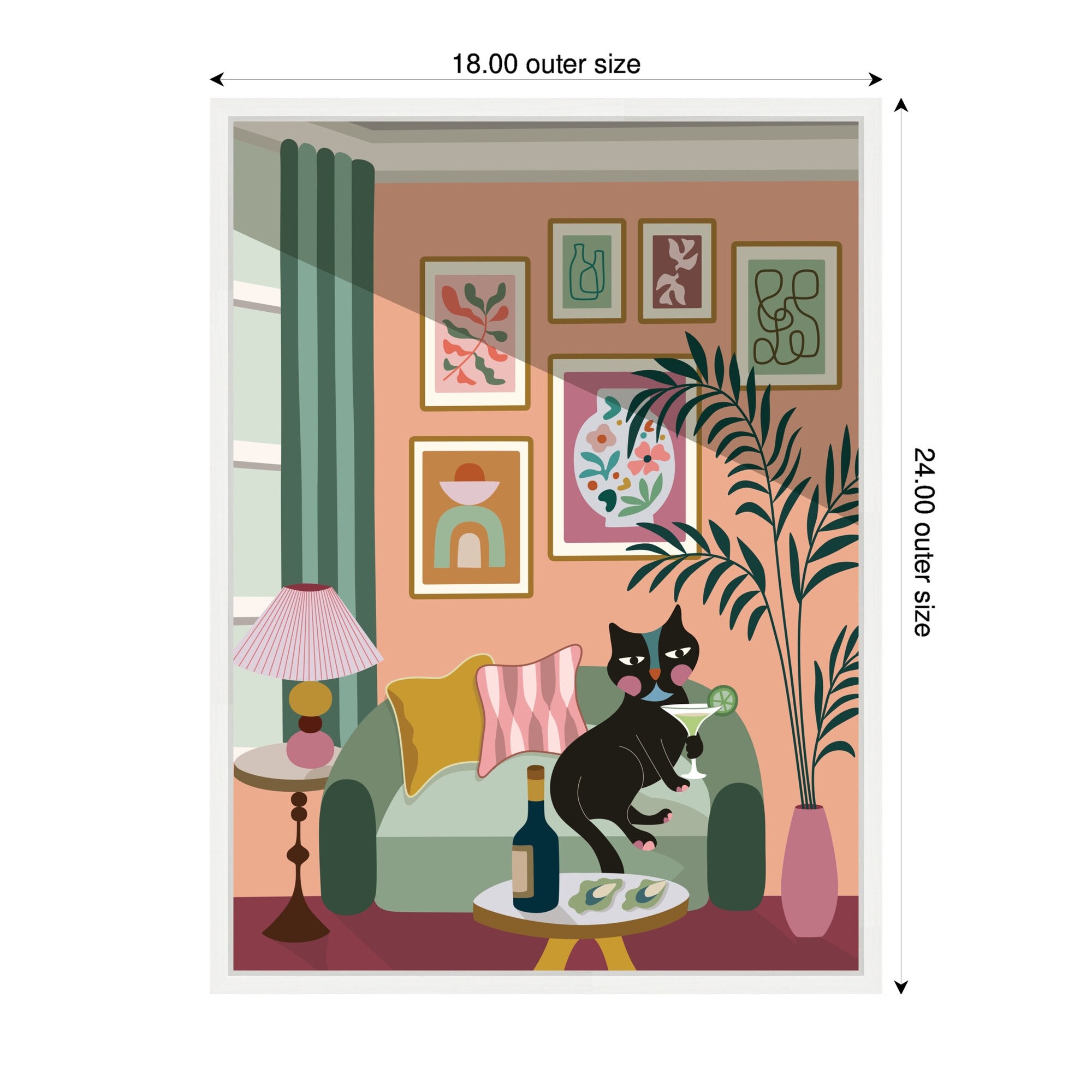 Kate and Laurel Cocktail Cat by Rachel Lee 3 Birdies Studio Framed