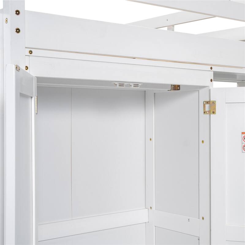 Wood Full Size Loft Bed with Built-in Wardrobe and Storage Shelves