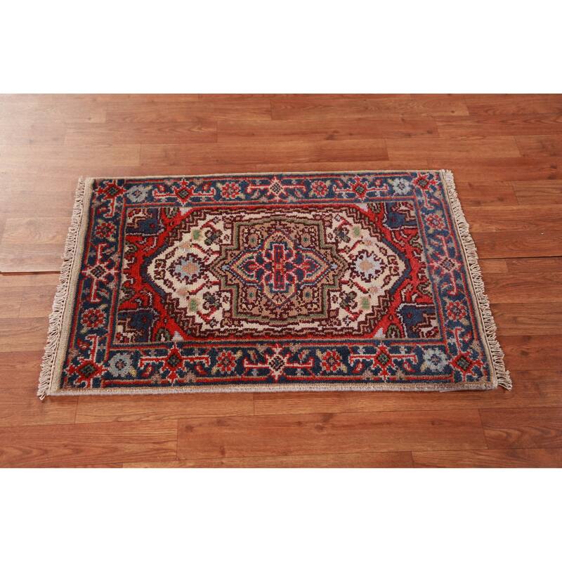 Hand Knotted Oriental 100% Wool Carpet Traditional Medallion Beige & Ivories Heriz (serapi) Area Rug - 3' 0'' X 2' 0''