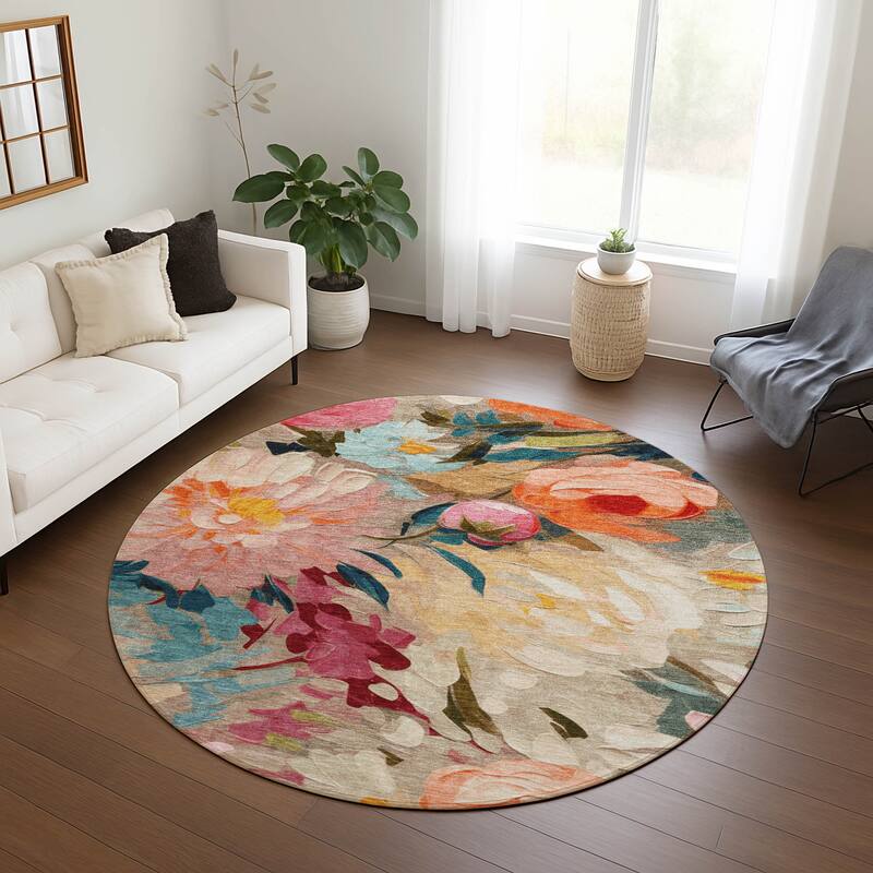 Machine Washable Indoor/ Outdoor Watercolor Floral Chantille Rug