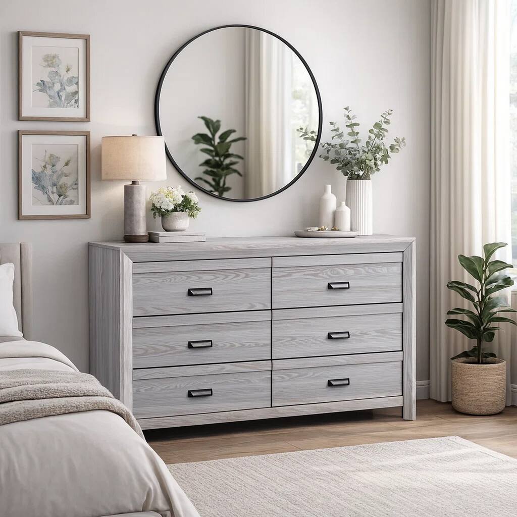 Laide Wide Dresser with 6 Drawers, Cup Handles, Gray Driftwood Veneer