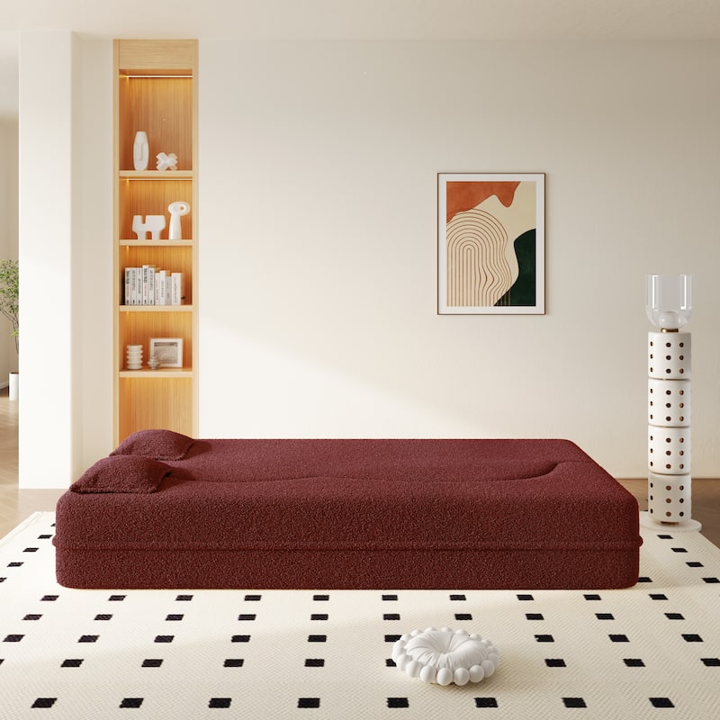 Convertible Floor Sofa with Teddy Fabric, Twin Mattress & No Assembly