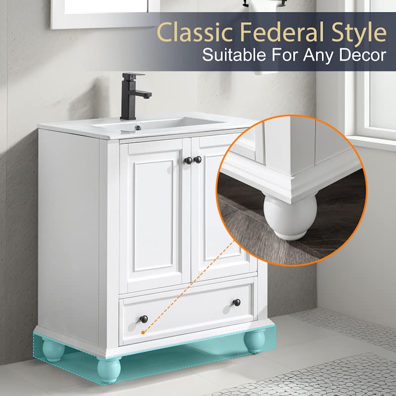 Retro Bathroom Vanity Cabinet Solid Wood Classic with Ceramic Sink
