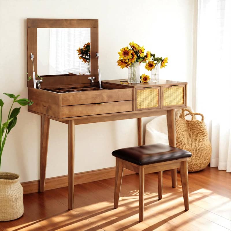 43.3" Wood Makeup Vanity Set with Flip-Top Mirror, 3 Drawers and Upholstered Stool, Dressing Table with Storage
