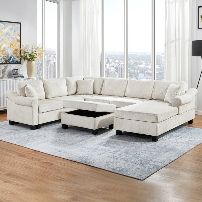 111.8" Modern Chenille Upholster U-shaped Sectional Sofa with Movable Storage Ottoman - White