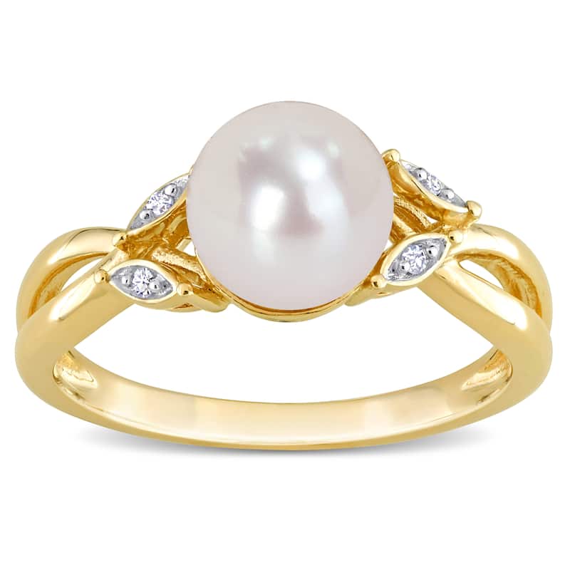 Miadora 7.5-8mm White Cultured Freshwater Pearl and Diamond Accent Split-Shank Ring in 10k Yellow Gold