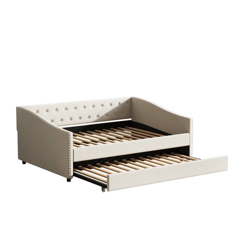 Linen Tufted Daybed with Trundle, Upholstered Platform Sofa Bed Frame, Wooden Slat Support