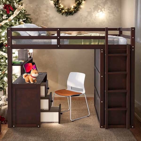 slide 2 of 14, Full size Loft Bed with Drawers, Desk and Wardrobe, Space-saving, Black Espresso