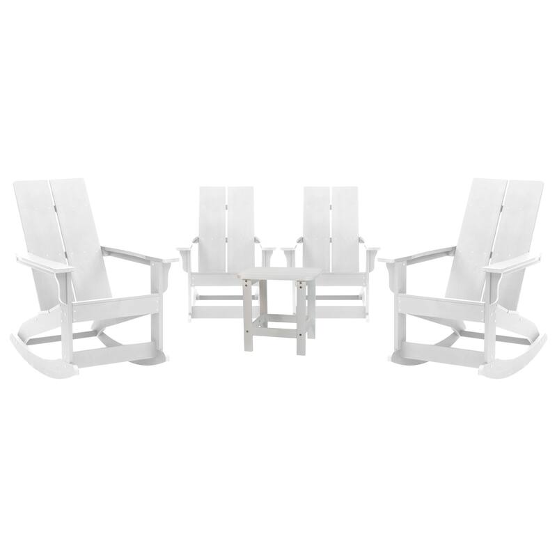 2 Modern Dual Slat Poly Resin Adirondack Rocking Chairs with Side Table