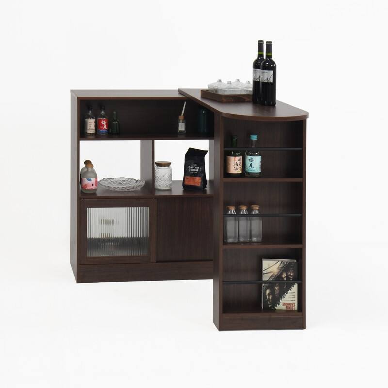 Walnut Modern Bar Cabinet with Rotating Top and Glass Doors