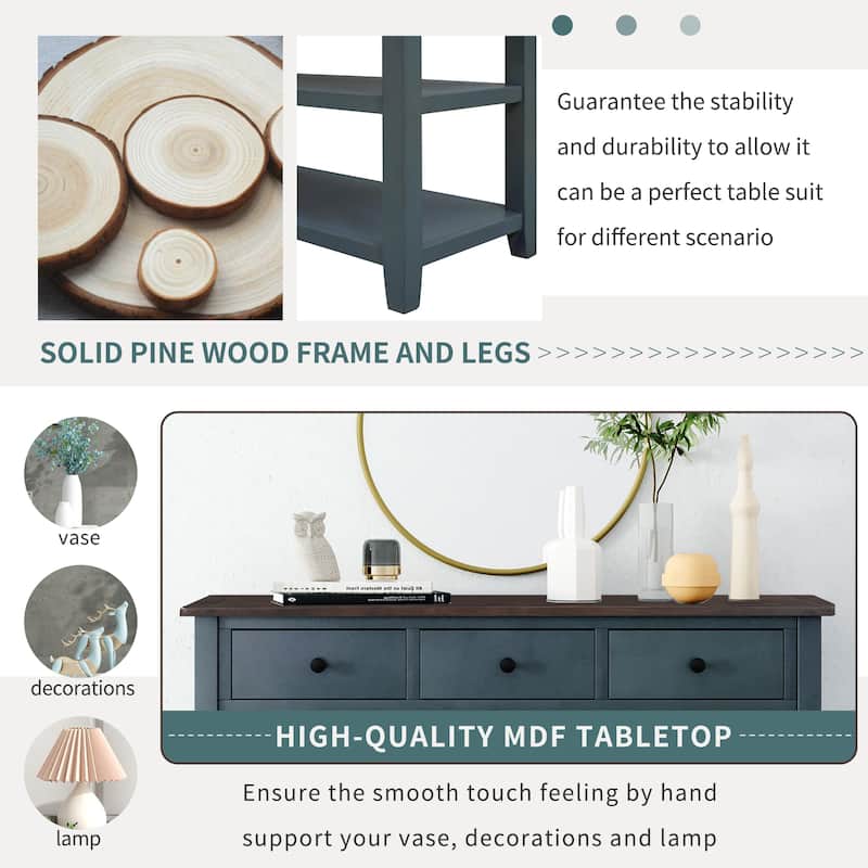 50" Solid Wood Console Table with 3 Drawers & 2 Open Shelves, Mid-Century Side Table Entryway Table for Living Room Entryway