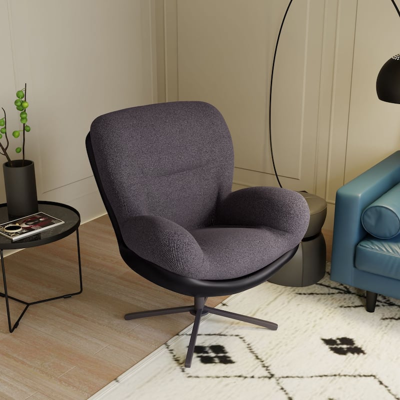 Black+Dark Gray Modern 32.25" Chenille 360° Swivel Lounge Chair with Faux Leather Metal Base Frame