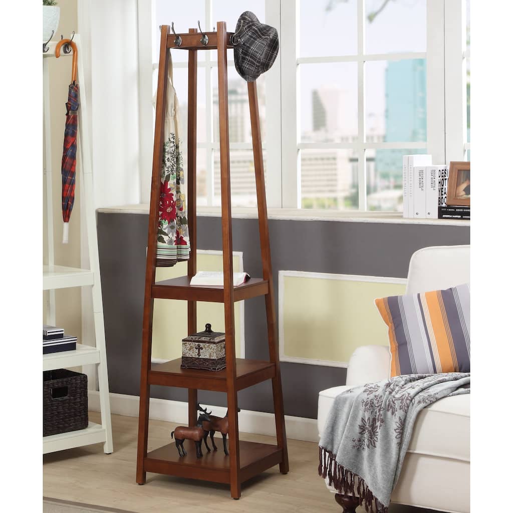 Modern Espresso-Colored Wooden Coat Rack with 3-Tier Storage and Large Silver Hooks, for Bedroom