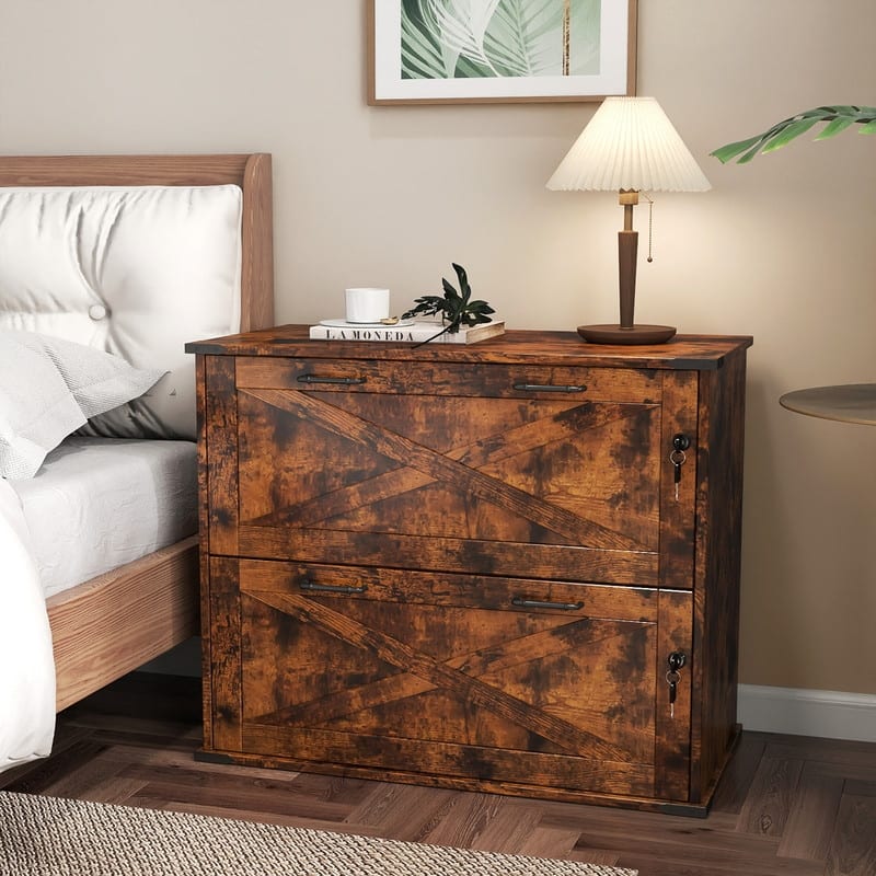 Barn Door Wooden 2 Drawers With Lock 25.79"H