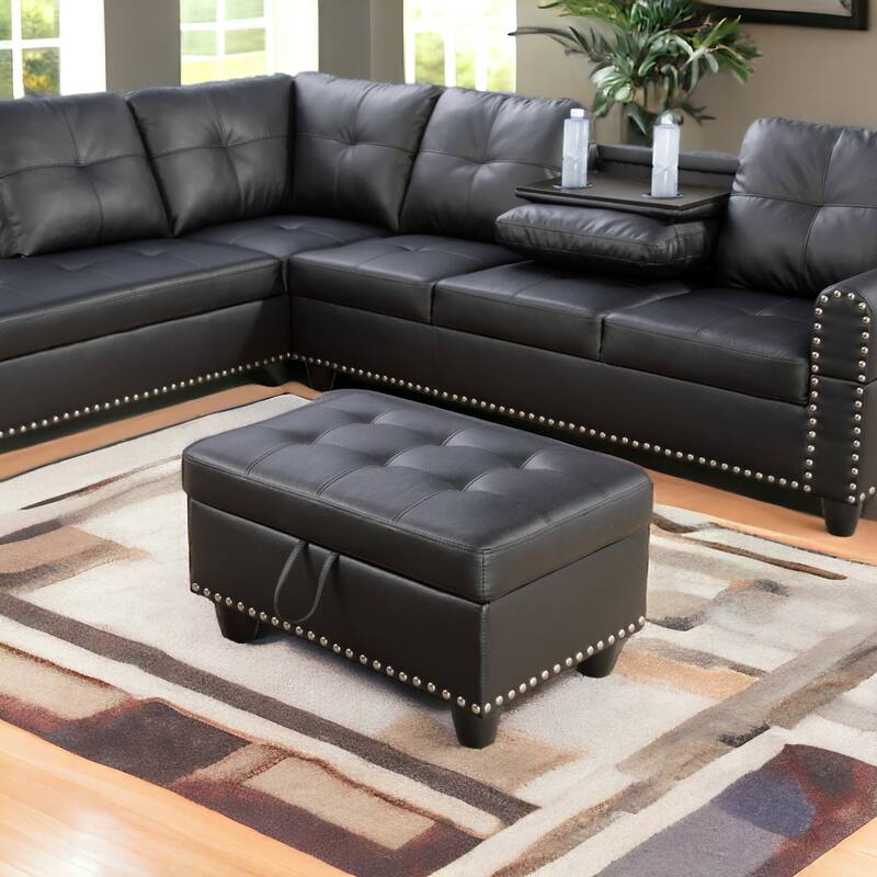 KISRAIS 28.5" Wide Vegan Leather Nailhead Trim Storage Ottoman