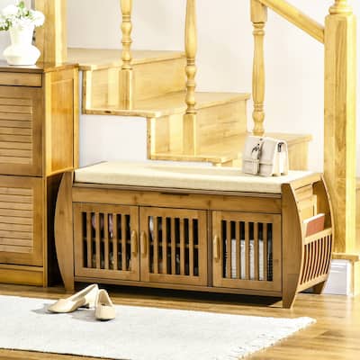 HOMCOM Shoe Bench with Storage Cabinets, Bamboo Entryway Bench with Seating Cushion, Brown