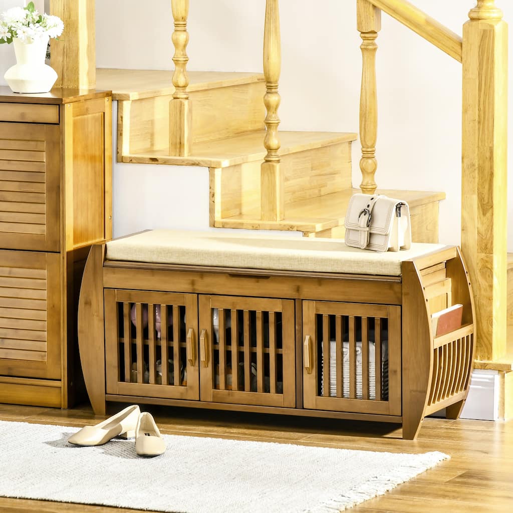 Shoe Bench with Storage Cabinets, Bamboo Entryway Bench Storage Bench with Seating Cushion, Side Rack and Hidden Compartment
