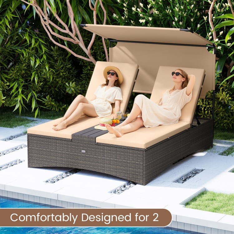 Mix Brown PE Rattan Outdoor Daybed with Cushions and Adjustable Canopy - 75.5" × 59" × 61"