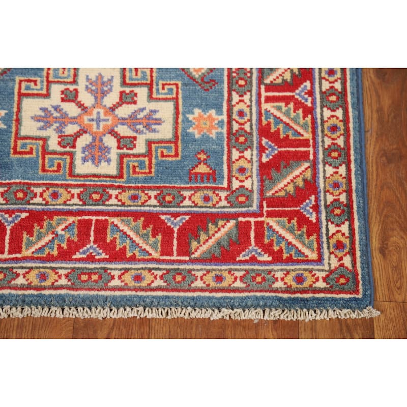 Blue Geometric Kazak Oriental Rug Handmade Wool Carpet - 2'0"x 3'0"