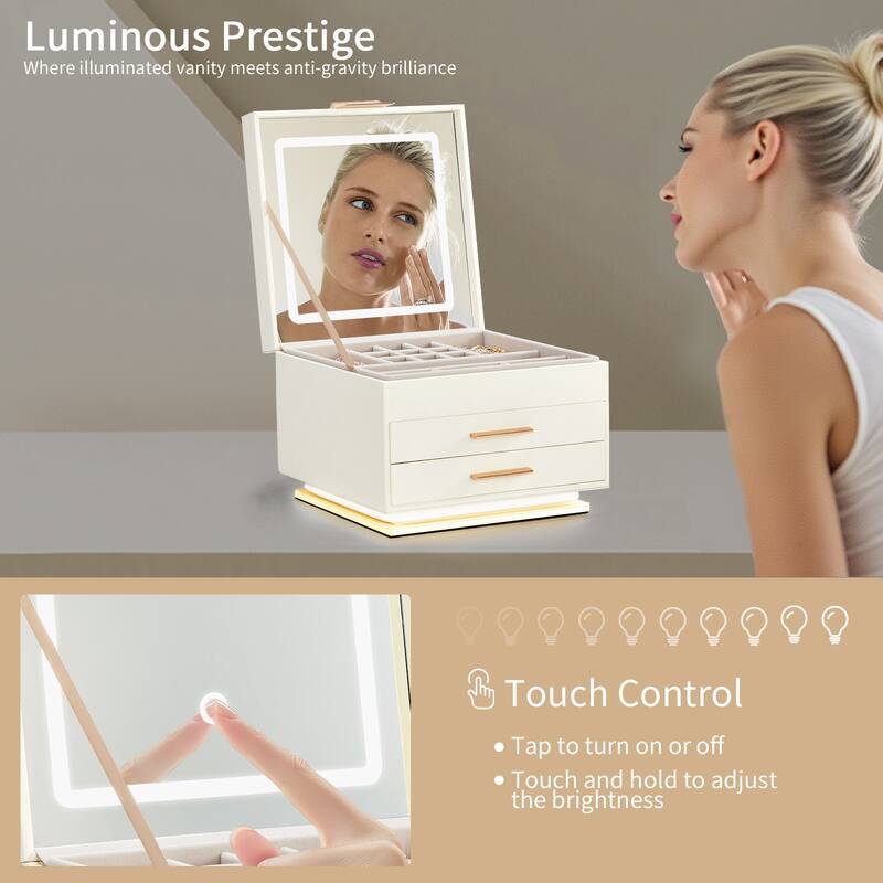 White and Pink Velvet Jewelry Organizer with LED Mirror Light and Drawers for Rings Necklaces - 23 × 23 × 17cm