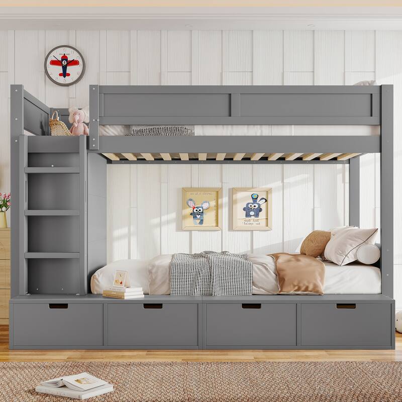 Twin Over Twin/Twin XL Over Full Bunk Bed Solid Wood Storage Bedframe with Built-in Wardrobe, 4 Under Drawers and Guardrails - Grey - Twin