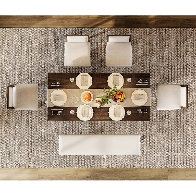 6-pieces Farmhouse Dining Table for 6, 74.8" Kitchen Table Set with 4 Chairs and Bench, Solid Wood Legs and Cushion Seat