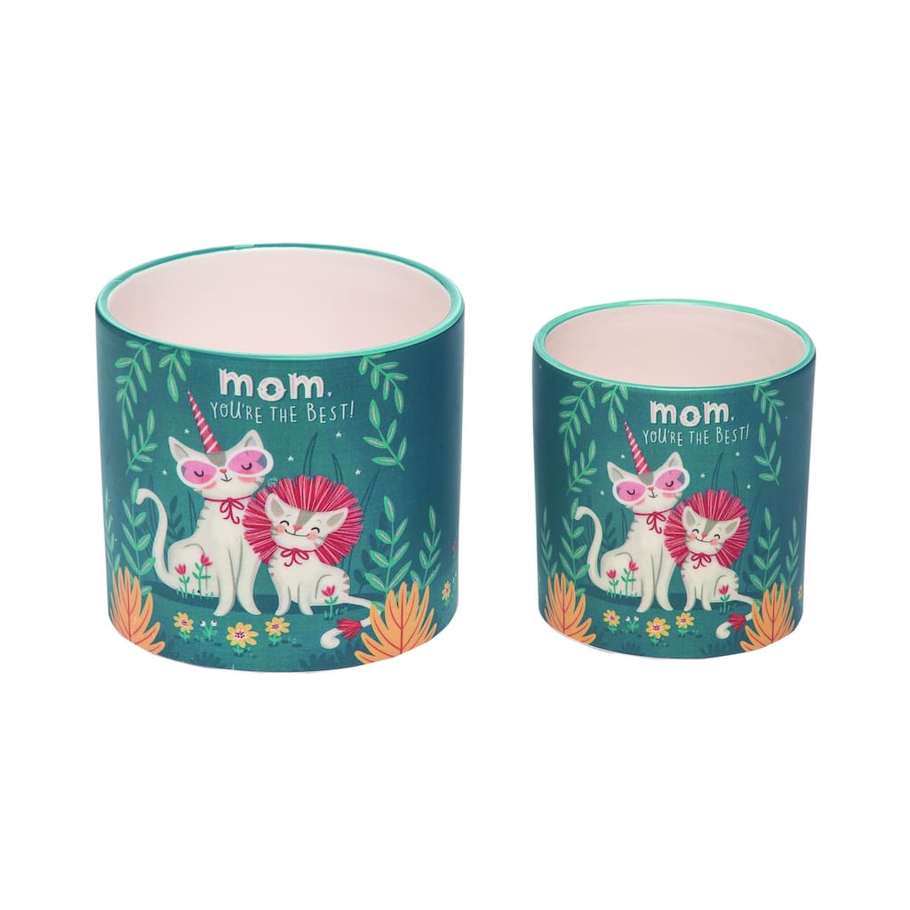 Transpac Spring Ceramic 5.25 in. Mom Cat Planters Set of 2