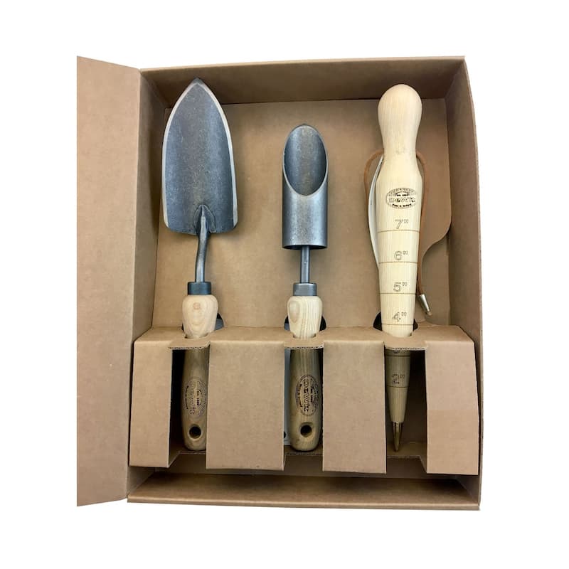 DeWit Tool Gift Set - 3 Piece Bulb Planting - Amaryllis Bulb Planter, Wooden Dibber and Small Forged Trowel, - Steel