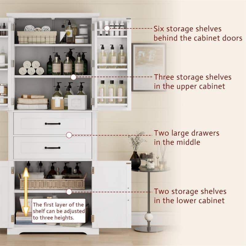 Bathroom Storage Cabinet with 2 Storage Drawers and 4 Doors, Freestanding Bathroom Floor Cabinet with Adjustable Shelf