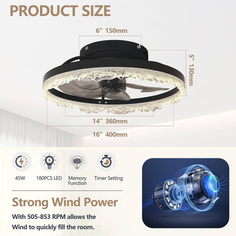 16" Decorative LED Ceiling Fan Light - Modern Flush Mount with Crystal-Inspired Acrylic Ring, Hidden Blades, Remote Control