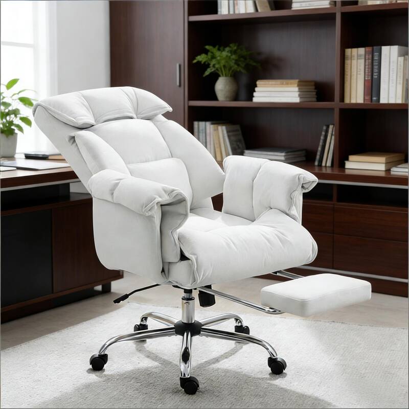 Reclining Desk Chair with Footrest,High Back Office Chair - Cream White
